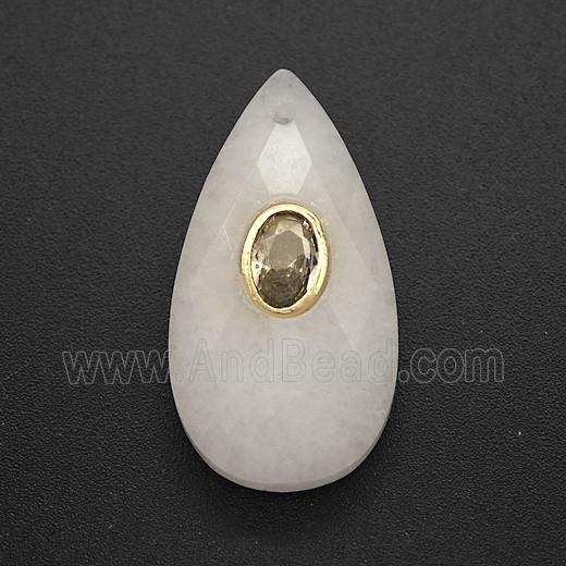 White Dye Jade Teardrop Pendant Pave Zirconia Faceted