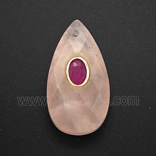 Pink Rose Quartz Teardrop Pendant Pave Zirconia Faceted