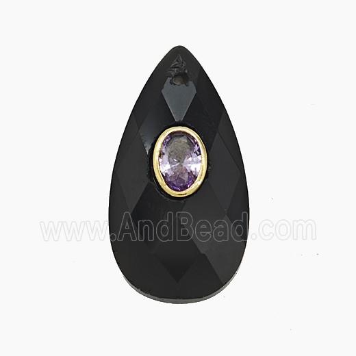 Black Obsidian Teardrop Pendant Pave Zirconia Faceted