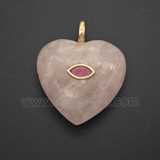Pink Rose Quartz Heart Pendant Pave Zirconia Eye