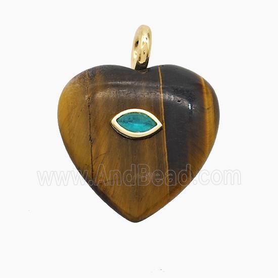 Tiger Eye Stone Heart Pendant Pave Zirconia Eye