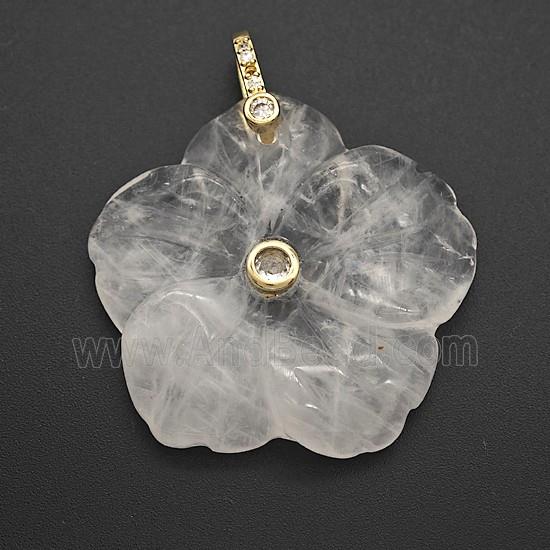 Clear Crystal Quartz Flower Pendant Pave Zirconia