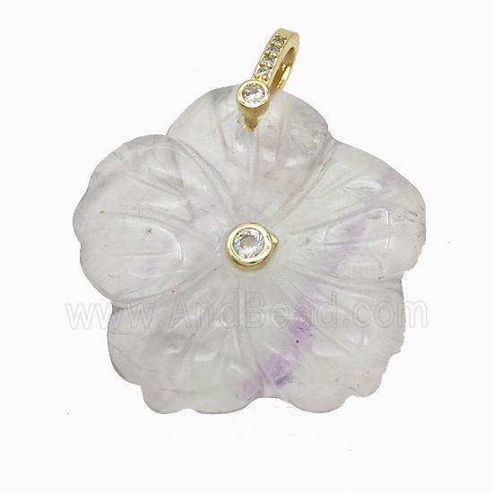 Natural Fluorite Flower Pendant Pave Zirconia Carved