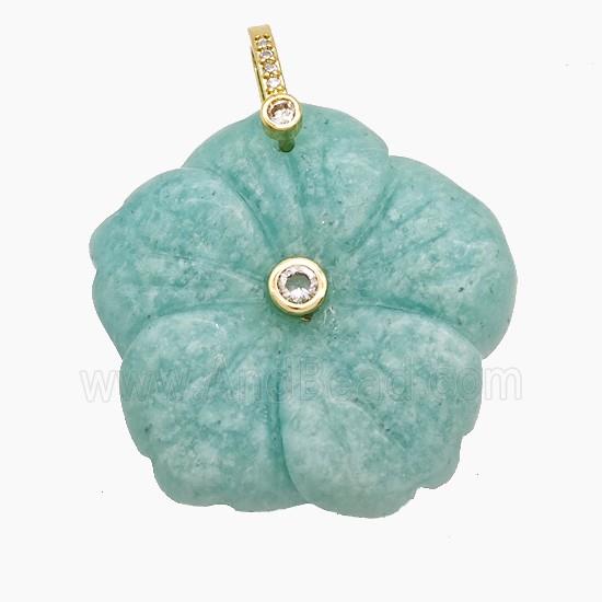 Natural Green Amazonite Flower Pendant Pave Zirconia Carved