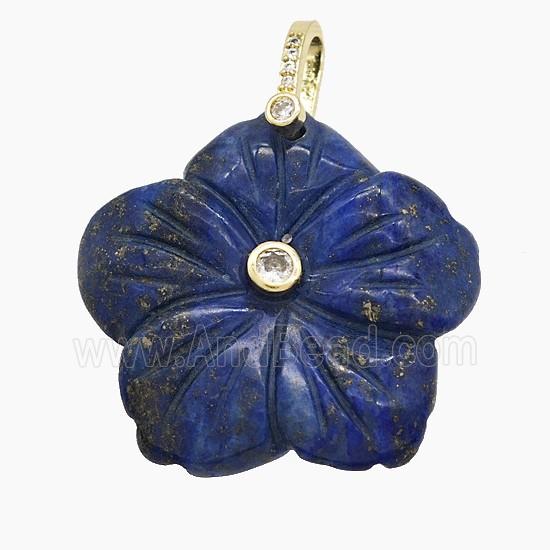 Natural Blue Lapis Lazuli Flower Pendant Pave Zirconia Carved