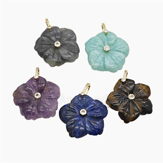 Natural Gemstone Flower Pendant Pave Zirconia Carved Mixed