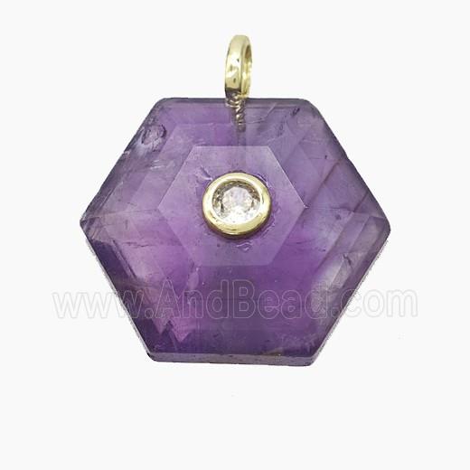 Purple Amethyst Hexagon Pendant Pave Zirconia