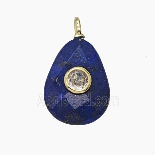 Natural Blue Lapis Lazuli Teardrop Pendant Pave Zirconia Faceted