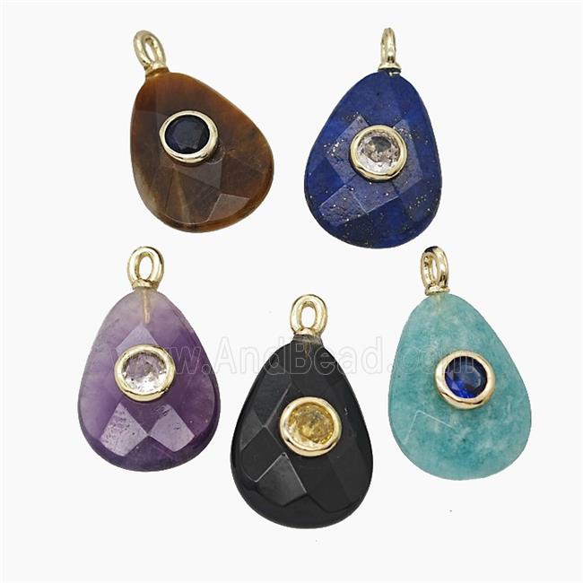 Natural Gemstone Teardrop Pendant Pave Zirconia Faceted Mixed