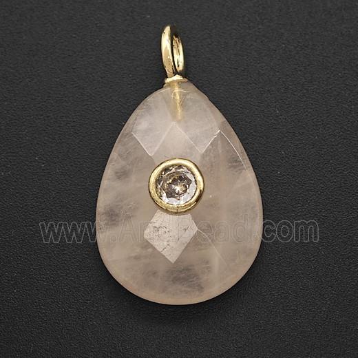 Natural Pink Rose Quartz Teardrop Pendant Pave Zirconia Faceted