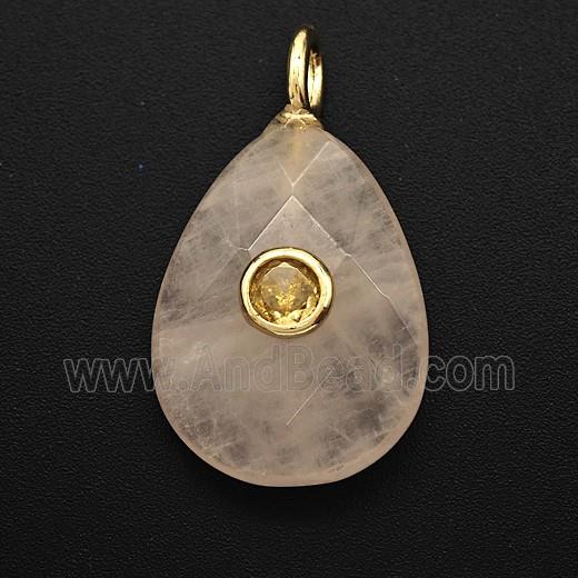 Natural Pink Rose Quartz Teardrop Pendant Pave Zirconia Faceted