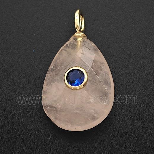 Natural Pink Rose Quartz Teardrop Pendant Pave Zirconia Faceted