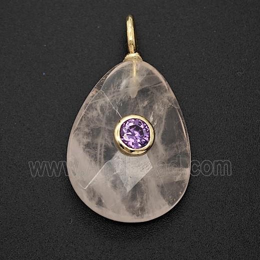 Natural Clear Crystal Quartz Teardrop Pendant Pave Zirconia Faceted