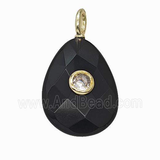 Natural Black Obsidian Teardrop Pendant Pave Zirconia Faceted