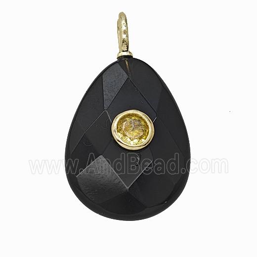 Natural Black Obsidian Teardrop Pendant Pave Zirconia Faceted