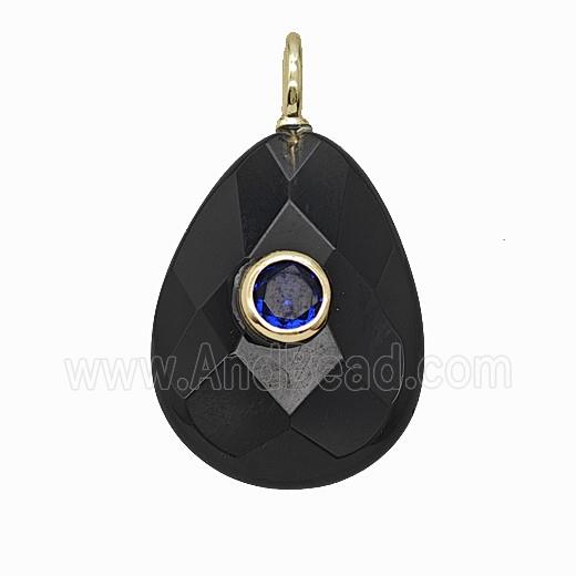 Natural Black Obsidian Teardrop Pendant Pave Zirconia Faceted