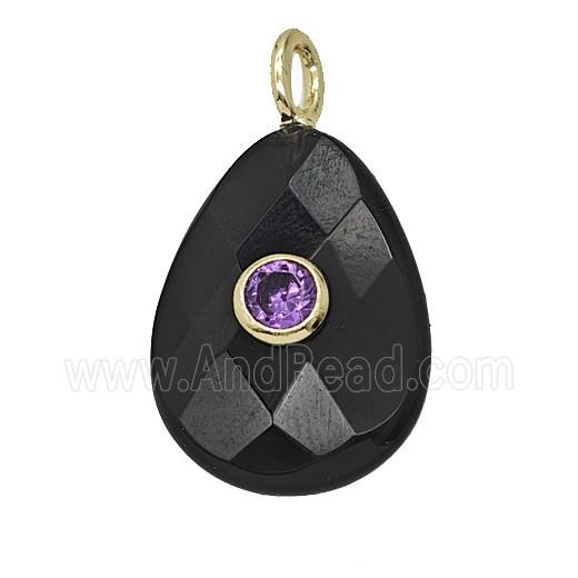Natural Black Obsidian Teardrop Pendant Pave Zirconia Faceted