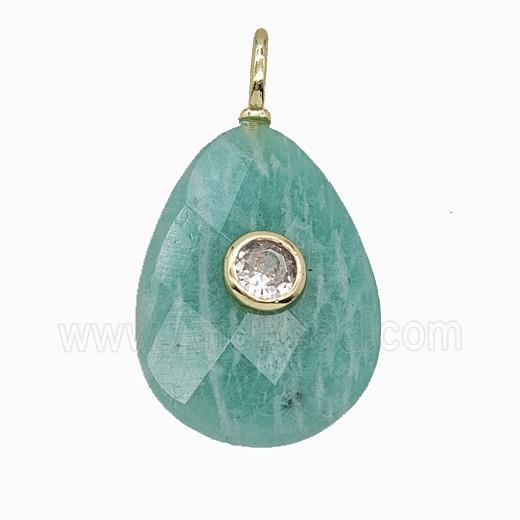 Natural Green Amazonite Teardrop Pendant Pave Zirconia Faceted