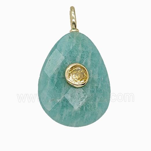 Natural Green Amazonite Teardrop Pendant Pave Zirconia Faceted