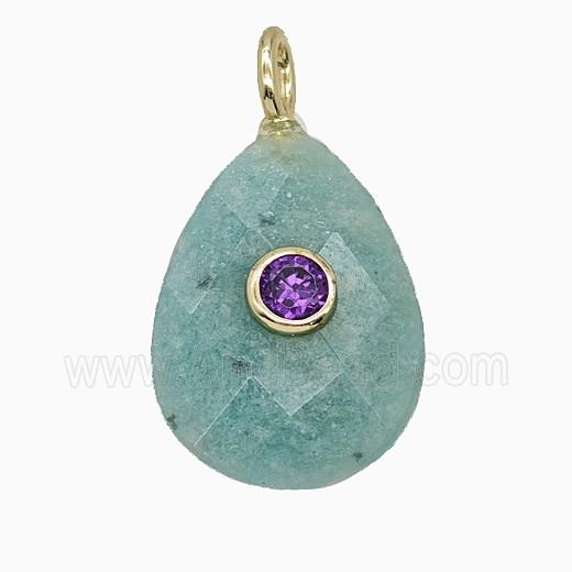 Natural Green Amazonite Teardrop Pendant Pave Zirconia Faceted