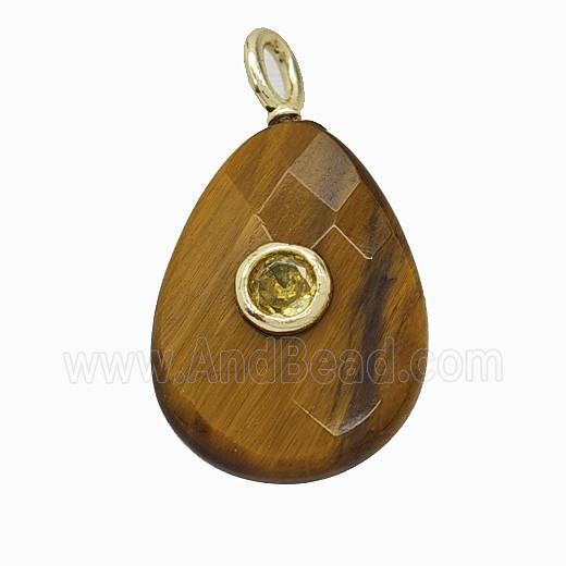 Natural Tiger Eye Stone Teardrop Pendant Pave Zirconia Faceted
