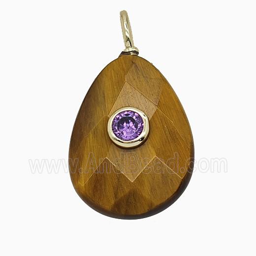Natural Tiger Eye Stone Teardrop Pendant Pave Zirconia Faceted