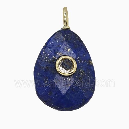 Natural Blue Lapis Lazuli Teardrop Pendant Pave Zirconia Faceted