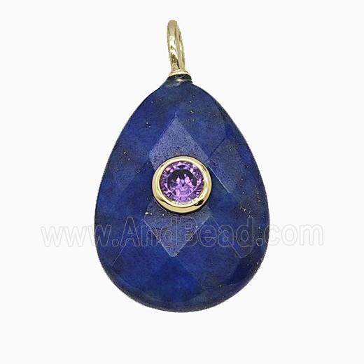 Natural Blue Lapis Lazuli Teardrop Pendant Pave Zirconia Faceted