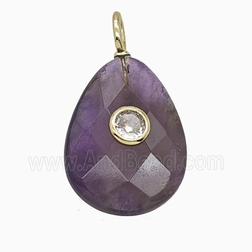 Natural Purple Amethyst Teardrop Pendant Pave Zirconia Faceted