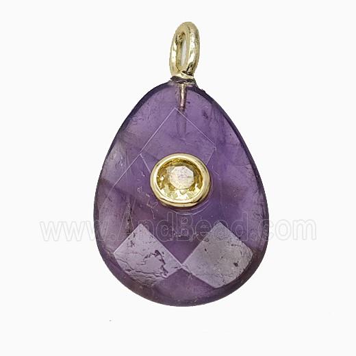 Natural Purple Amethyst Teardrop Pendant Pave Zirconia Faceted