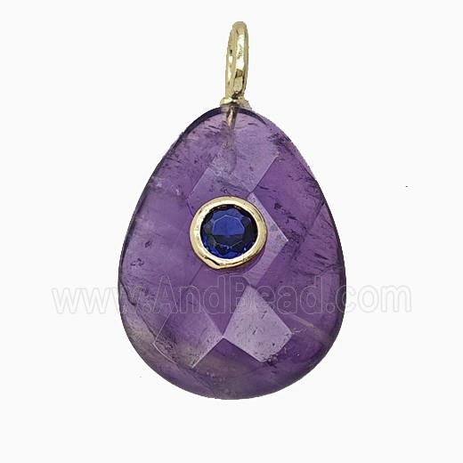 Natural Purple Amethyst Teardrop Pendant Pave Zirconia Faceted