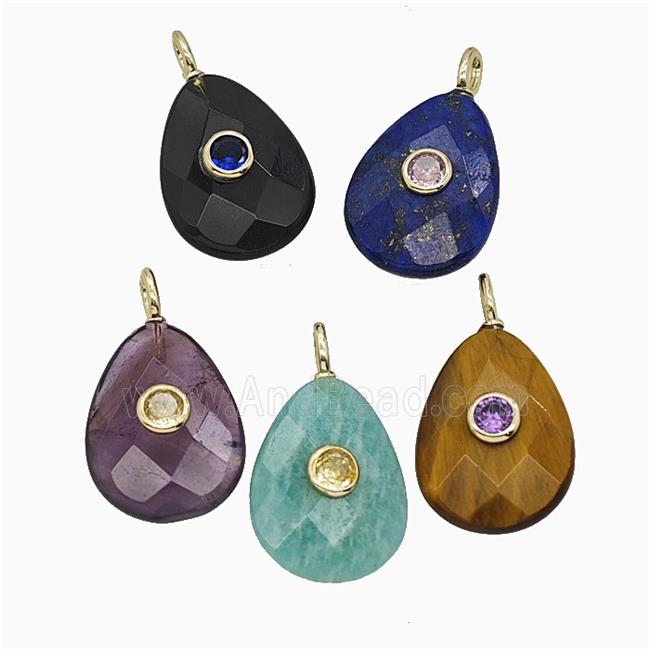 Natural Gemstone Teardrop Pendant Pave Zirconia Faceted Mixed