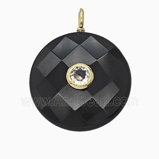 Natural Black Obsidian Circle Pendant Pave Zirconia Faceted