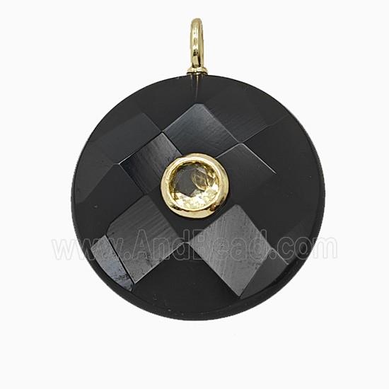Natural Black Obsidian Circle Pendant Pave Zirconia Faceted