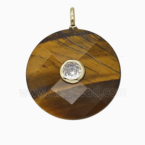 Natural Tiger Eye Stone Circle Pendant Pave Zirconia Faceted