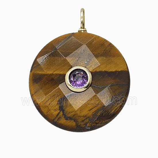 Natural Tiger Eye Stone Circle Pendant Pave Zirconia Faceted