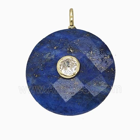 Natural Blue Lapis Lazuli Circle Pendant Pave Zirconia Faceted
