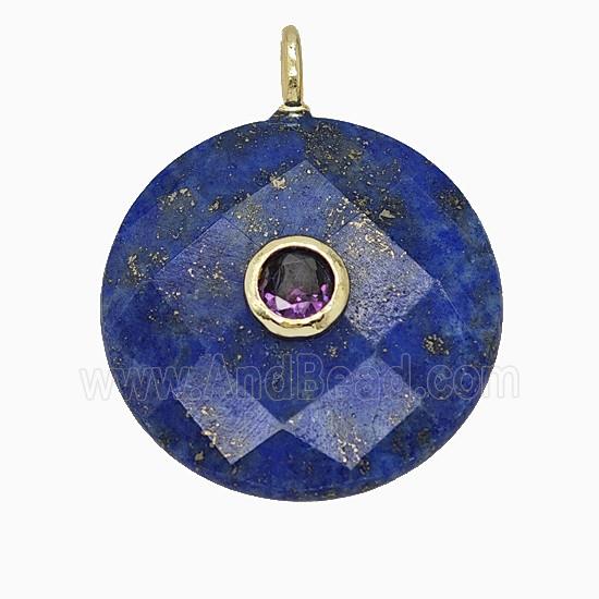 Natural Blue Lapis Lazuli Circle Pendant Pave Zirconia Faceted