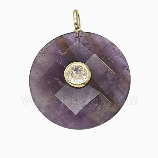 Natural Purple Amethyst Circle Pendant Pave Zirconia Faceted