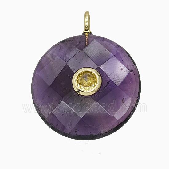Natural Purple Amethyst Circle Pendant Pave Zirconia Faceted