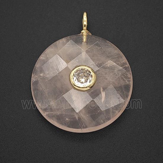 Natural Pink Rose Quartz Circle Pendant Pave Zirconia Faceted