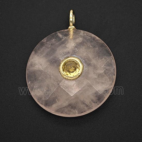 Natural Pink Rose Quartz Circle Pendant Pave Zirconia Faceted