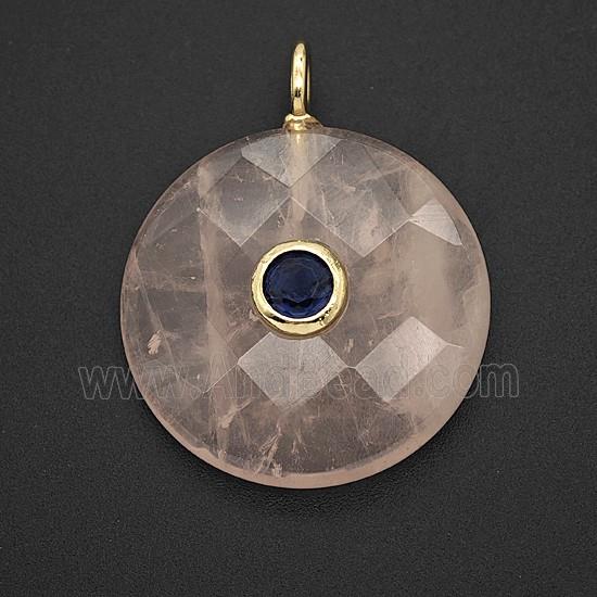 Natural Pink Rose Quartz Circle Pendant Pave Zirconia Faceted