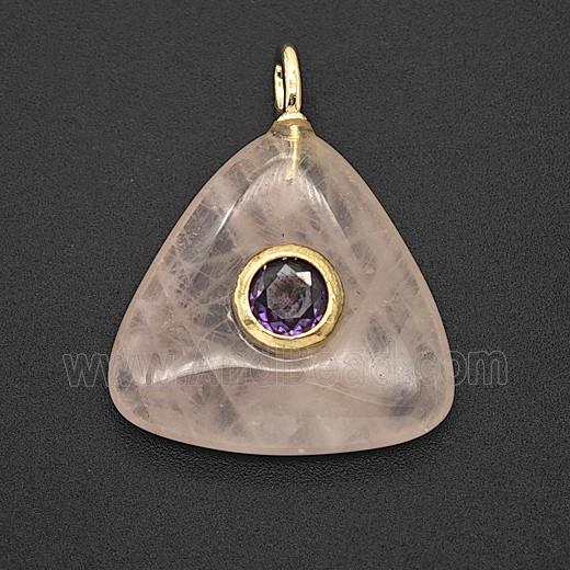 Natural Pink Rose Quartz Triangle Pendant Pave Zirconia