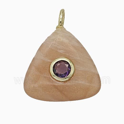 Natural Peach Sunstone Triangle Pendant Pave Zirconia