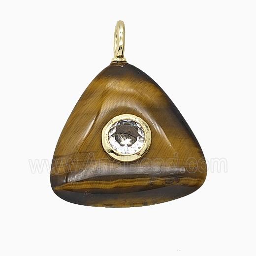 Natural Tiger Eye Stone Triangle Pendant Pave Zirconia