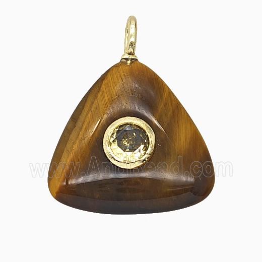 Natural Tiger Eye Stone Triangle Pendant Pave Zirconia