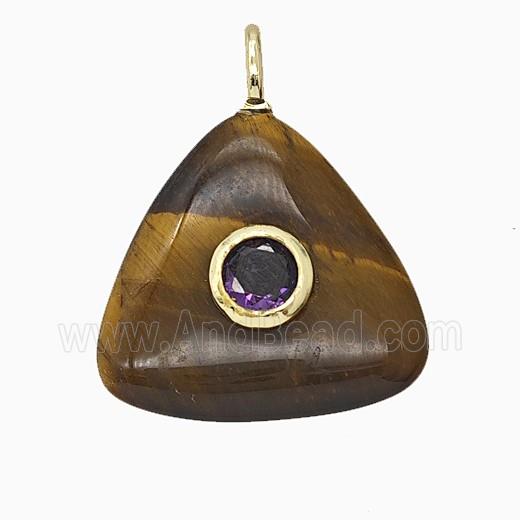 Natural Tiger Eye Stone Triangle Pendant Pave Zirconia