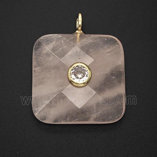 Natural Pink Rose Quartz Square Pendant Pave Zirconia Faceted