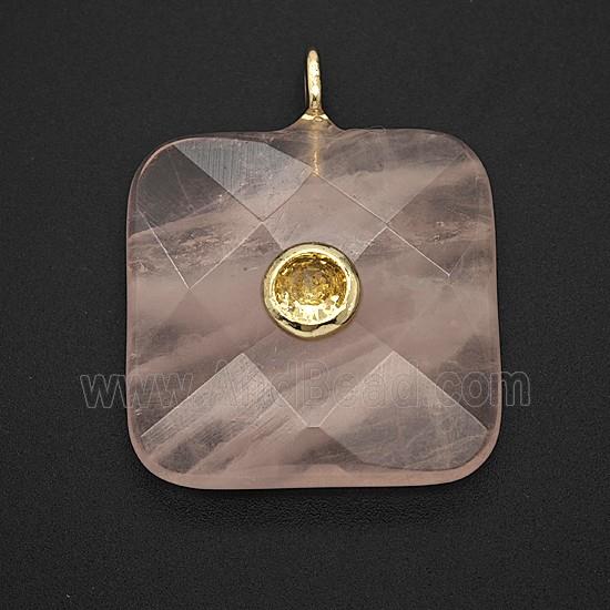 Natural Pink Rose Quartz Square Pendant Pave Zirconia Faceted